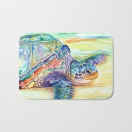 Rainbow Sea Turtle 2 Bath Mat | Oceanlife, Watercolor, Kauaiartist, Honu, Painting, Sealife, Hawaiian, Seaturtle, Marionettetaboniar, Hawaii 