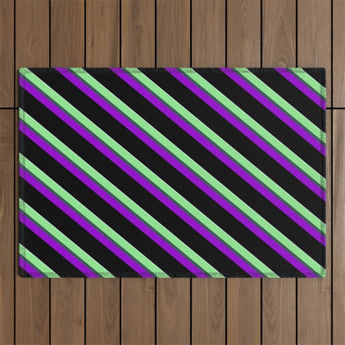 Colorful Light Green, Dark Slate Gray, Dark Violet, Black, and Light Cyan Colored Stripes Pattern Outdoor Rug
