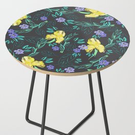 Yellow iris and periwinkle watercolour & ink pattern in black Side Table
