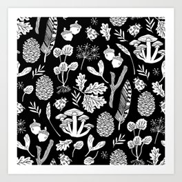 Linocut minimal botanical boho feathers nature inspired scandi black and white art Art Print
