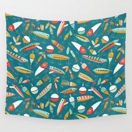 Fishing Lures Blue Wall Tapestry