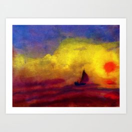 Sailboat and Red Sunset nautical landscape painting by Emil Nolde Art Print