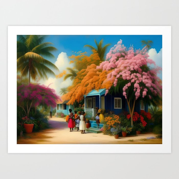 The Sunday Picnickers; tropical African American family landscape painting with flower blossoms and cottages  Art Print
