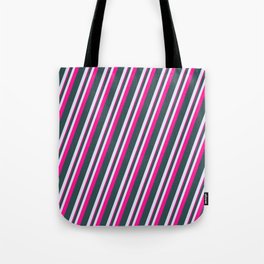[ Thumbnail: Dark Slate Gray, Lavender & Deep Pink Colored Lines/Stripes Pattern Tote Bag ]