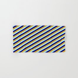 [ Thumbnail: Goldenrod, Turquoise & Blue Colored Stripes/Lines Pattern Hand & Bath Towel ]