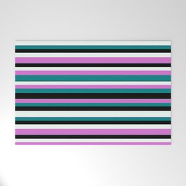 [ Thumbnail: Orchid, Teal, Black, and Mint Cream Colored Striped/Lined Pattern Welcome Mat ]