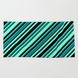 [ Thumbnail: Aquamarine, Teal, and Black Colored Pattern of Stripes Beach Towel ]