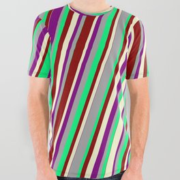 [ Thumbnail: Colorful Dark Gray, Green, Dark Red, Light Yellow, and Purple Colored Lined/Striped Pattern All Over Graphic Tee ]