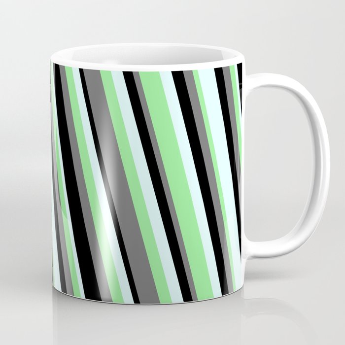 Dim Grey, Black, Light Cyan, and Light Green Colored Striped Pattern Coffee Mug