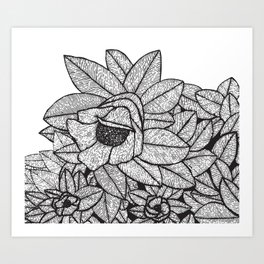 Floral Meditation 2 Art Print | Cutout, Black And White, Digital, Floral, Linework, Flowers, Leaf, Botanic, Ink Pen, Relief 