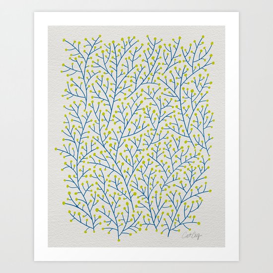 Berry Branches - Lime & Blue Art Print