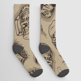 Beer vintage monochrome seamless pattern with mugs cups aluminum cans hop cones in skull shapes vintage illustration Socks