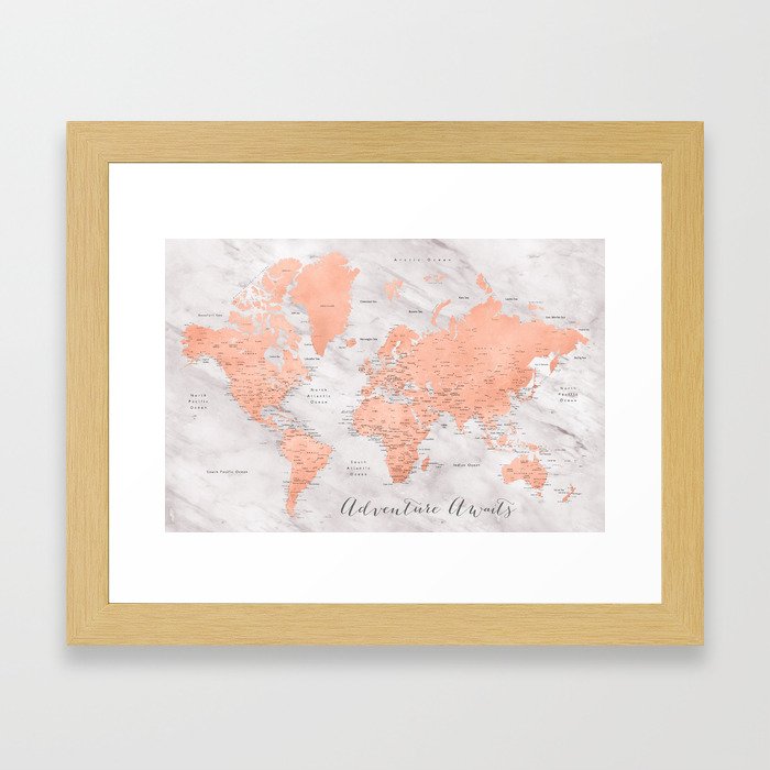 Adventure awaits world map in rose gold and marble, "Janine" Framed Art Print