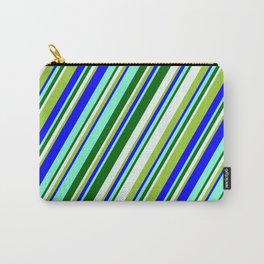[ Thumbnail: Eyecatching Green, Blue, Aquamarine, Dark Green, and Mint Cream Colored Stripes Pattern Carry-All Pouch ]