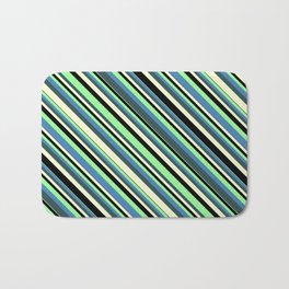 [ Thumbnail: Colorful Green, Blue, Dark Slate Gray, Light Yellow, and Black Colored Stripes/Lines Pattern Bath Mat ]