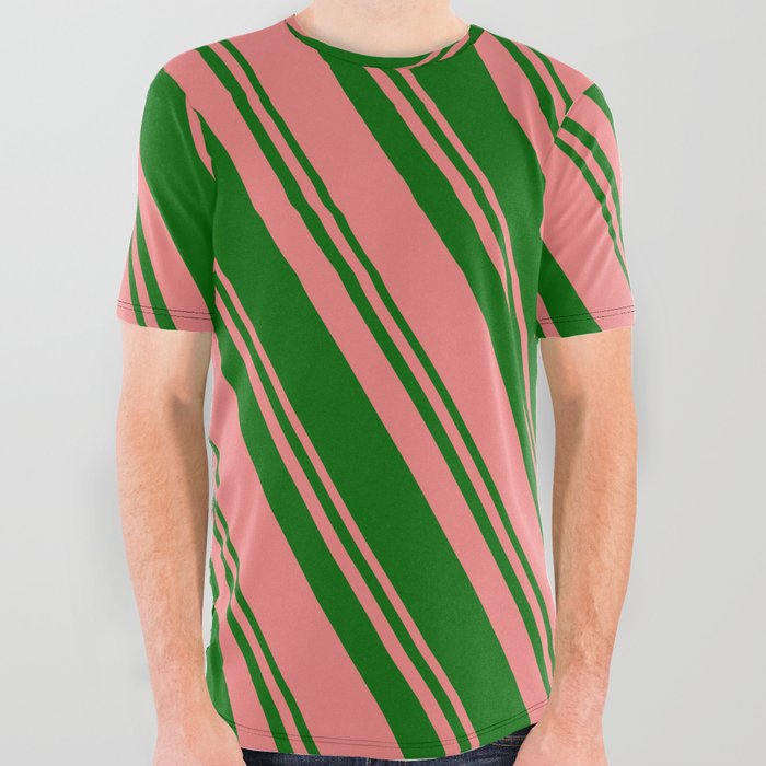 Light Coral and Dark Green Colored Lines Pattern All Over Graphic Tee