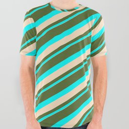 [ Thumbnail: Dark Olive Green, Cyan & Bisque Colored Lined Pattern All Over Graphic Tee ]