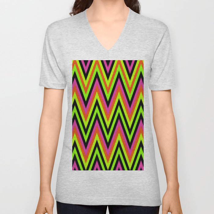 Chevron Design In Green Lime Red Pink Zigzags V Neck T Shirt
