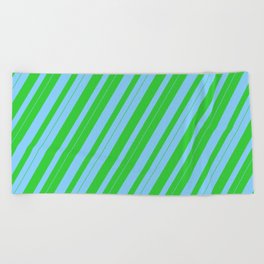 [ Thumbnail: Light Sky Blue & Lime Green Colored Lines Pattern Beach Towel ]