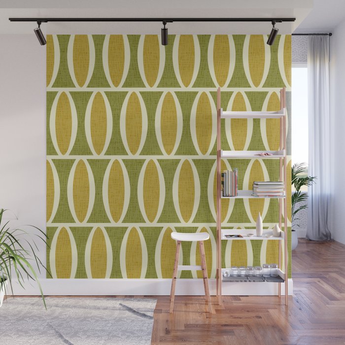 Retro Mid Century Modern Geometric Oval Pattern 234 Yellow Green and Beige Wall Mural