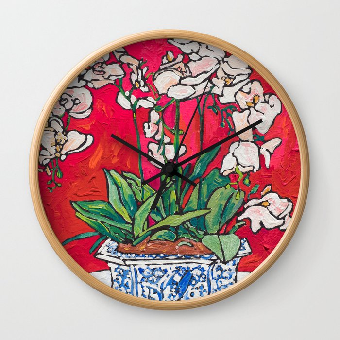 Orchid in Blue-and-white Bird Pot on Red after Matisse Wall Clock