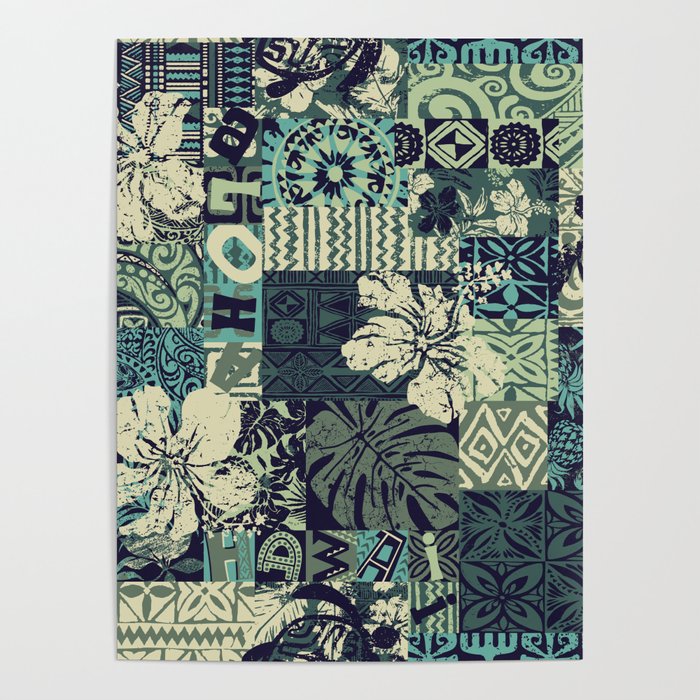 Hawaiian hibiscus and tribal element fabric patchwork abstract vintage vintage seamless pattern  Poster