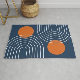 Mid Century Modern Geometric 83 in Navy Blue and Orange (Rainbow and Sun Abstraction) Area & Throw Rug