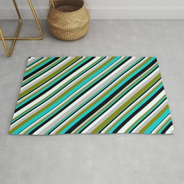 [ Thumbnail: Colorful Grey, Green, Dark Turquoise, Black, and Mint Cream Colored Lined/Striped Pattern Rug ]