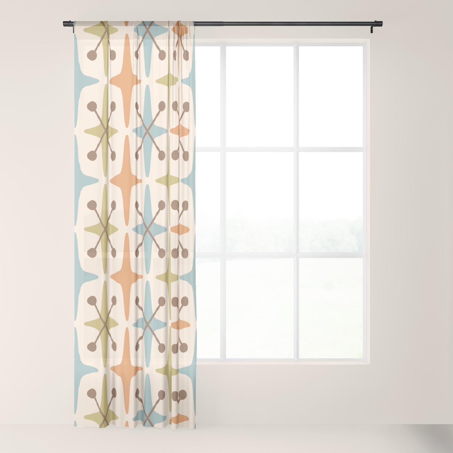 Mid Century Modern Abstract Star Pattern 441 Orange Brown Blue Olive Green Sheer Curtain By Tonymagner Society6