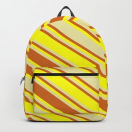 [ Thumbnail: Pale Goldenrod, Chocolate, and Yellow Colored Lined/Striped Pattern Backpack ]