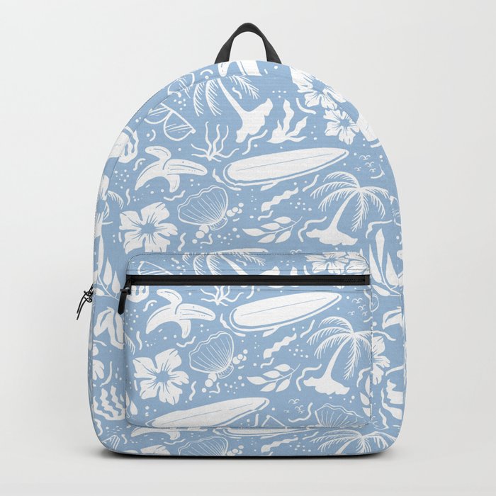Pale Blue and White Surfing Summer Beach Objects Seamless Pattern Backpack