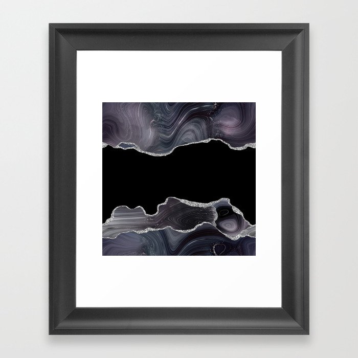 Black & Silver Glitter Agate Texture 03 Framed Art Print