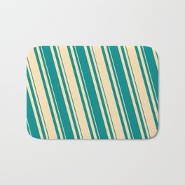 [ Thumbnail: Beige & Dark Cyan Colored Lines/Stripes Pattern Bath Mat ]