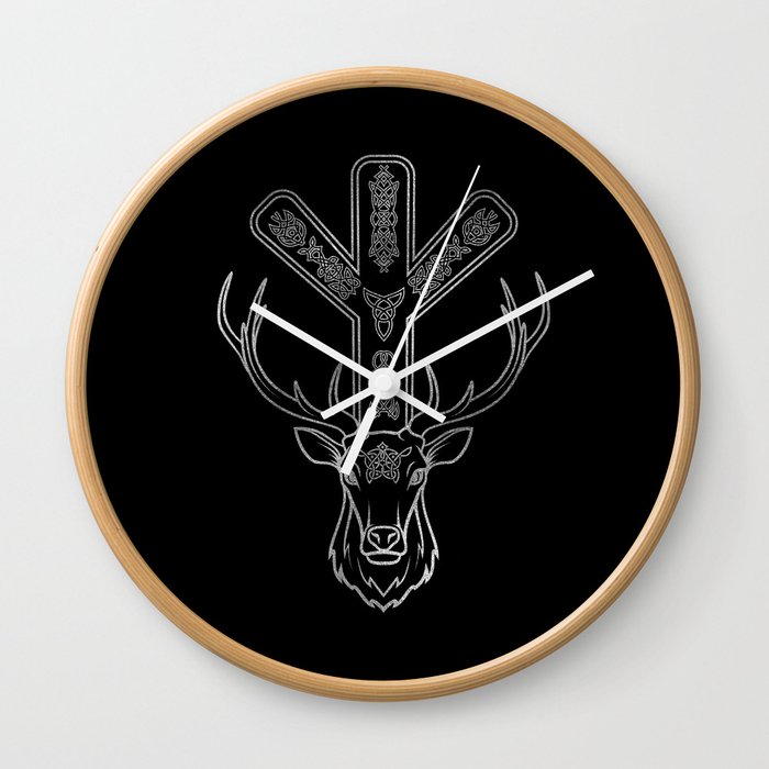 Algiz  Rune and Deer in Silver Wall Clock