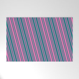 [ Thumbnail: Hot Pink and Teal Colored Pattern of Stripes Welcome Mat ]