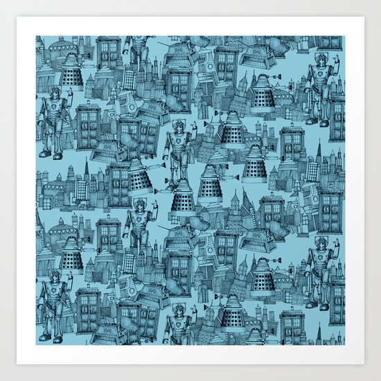 Doctor Who Toile de Jouy | 'Walking Doodle' | Turquoise Art Print