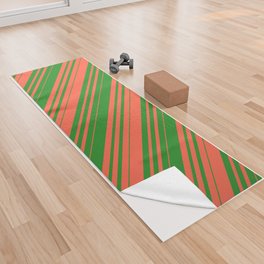[ Thumbnail: Red and Forest Green Colored Striped Pattern Yoga Towel ]
