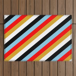[ Thumbnail: Sky Blue, Red, Goldenrod, White & Black Colored Lines/Stripes Pattern Outdoor Rug ]