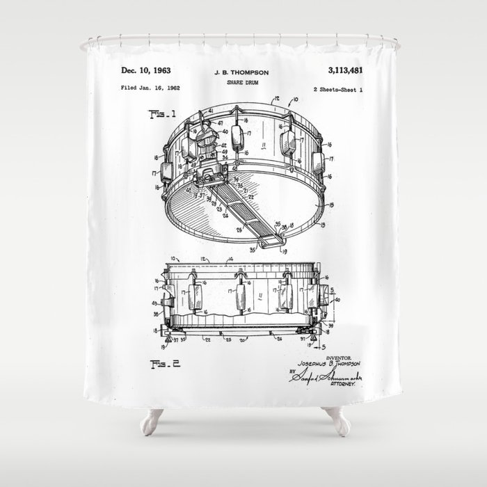 Snare Patent - Musician Art - Black And White Shower Curtain