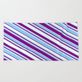 [ Thumbnail: Purple, Mint Cream, and Light Sky Blue Colored Lined/Striped Pattern Beach Towel ]