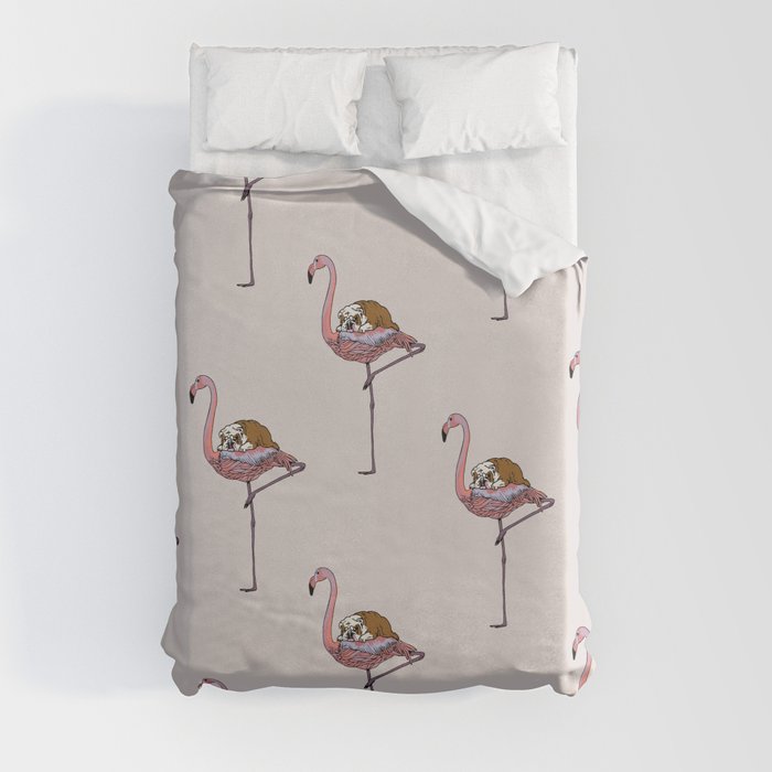 Flamingo and English Bulldog Duvet Cover