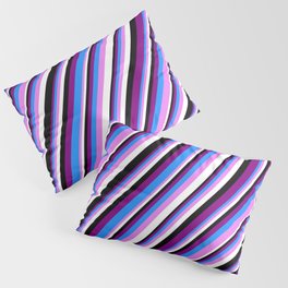 [ Thumbnail: Purple, Blue, Violet, White & Black Colored Stripes Pattern Pillow Sham ]