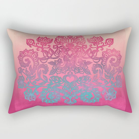 Ombre Canvas Folk Art Doodle in aqua, pink & peach Rectangular Pillow