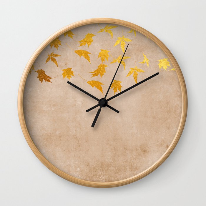 Gold leaves on grunge background - Autumn Sparkle Glitter design Wall Clock