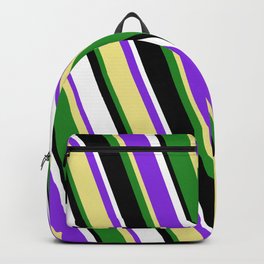 [ Thumbnail: Purple, Tan, Forest Green, Black, and White Colored Lined/Striped Pattern Backpack ]