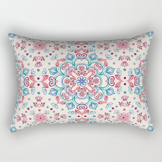Pastel Blue, Pink & Red Watercolor Floral Pattern on Cream Rectangular Pillow