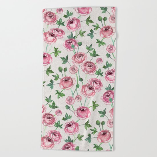 Painted Pink Ranunculus Pattern Beach Towel