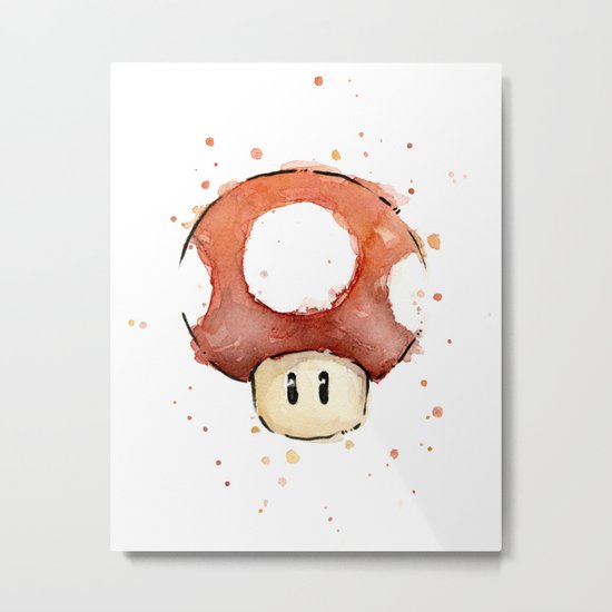 Red Mushroom Watercolor Mario Art Nintendo Geek Gaming Metal Print