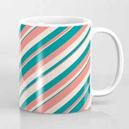 [ Thumbnail: Salmon, Beige & Dark Cyan Colored Pattern of Stripes Coffee Mug ]