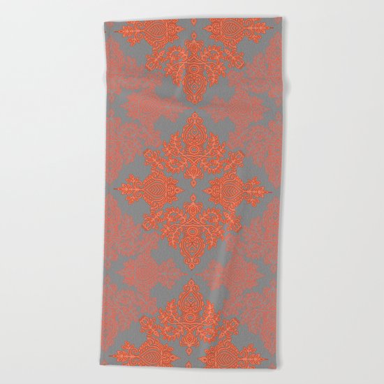 Burnt Orange, Coral & Grey doodle pattern Beach Towel
